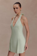 Nelly Halter Neck Cotton Mini Dress - Sage