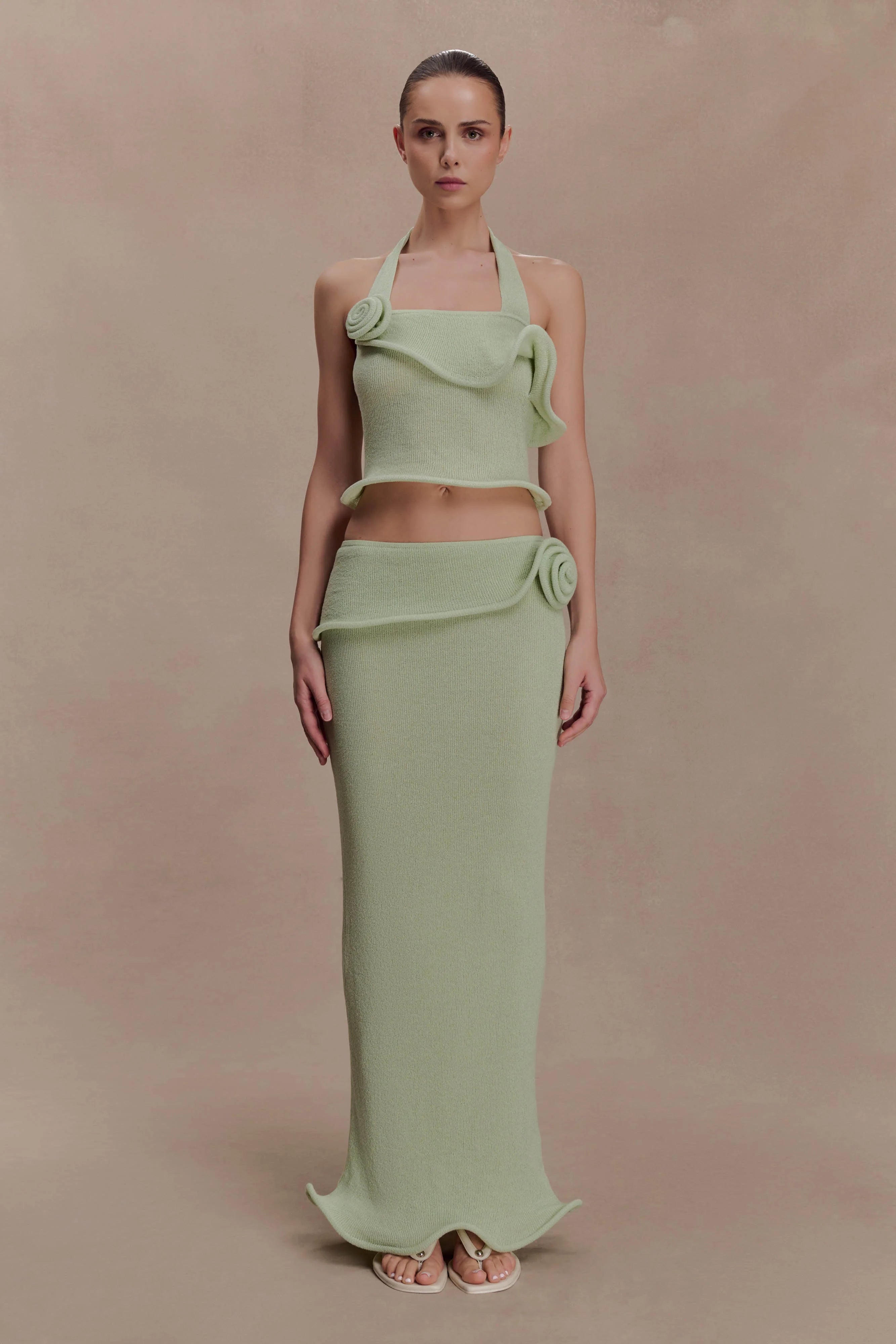 Samira Halter Knit Twist Top - Pastel Green