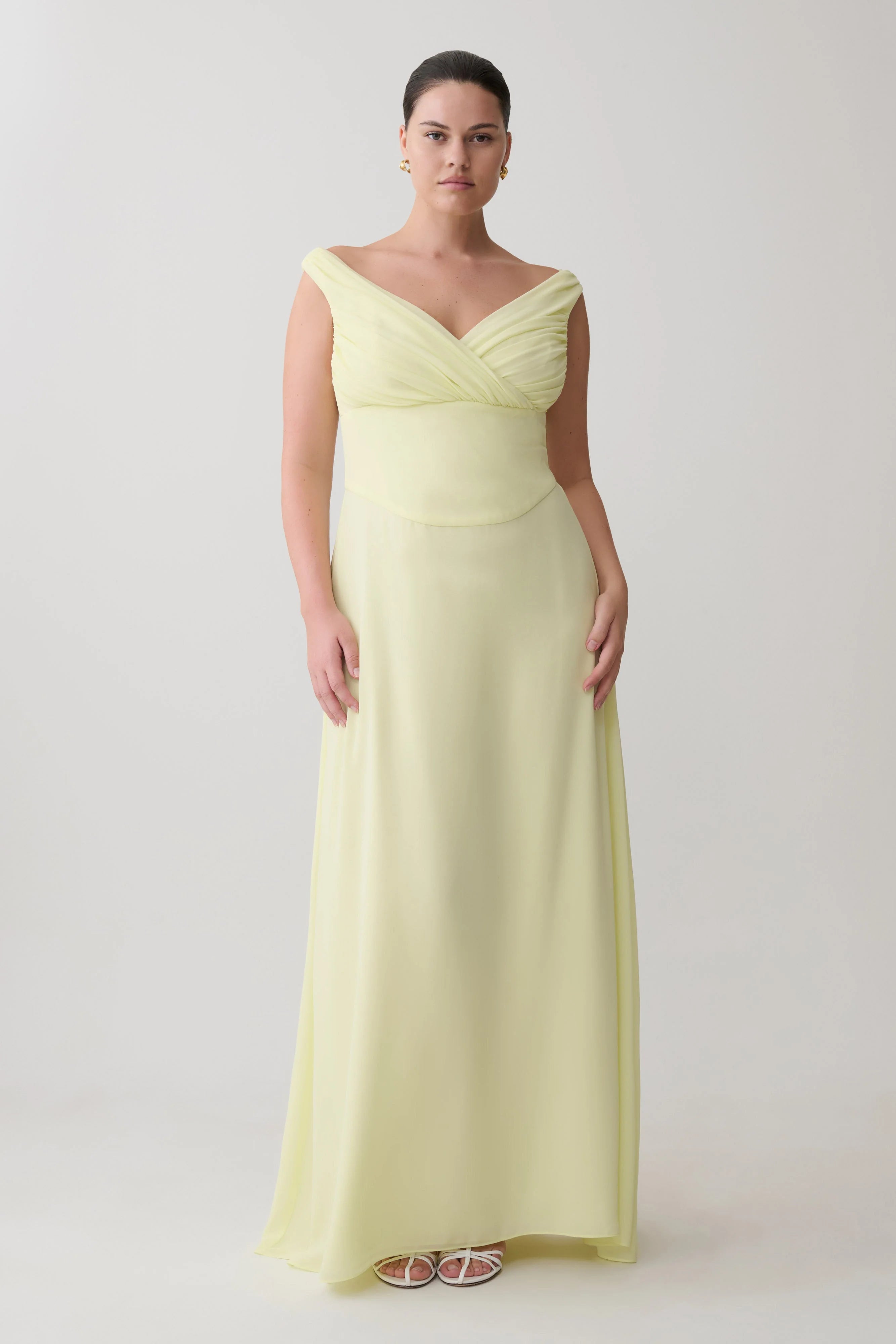 Mabel Off Shoulder Chiffon Maxi Dress - Lemon