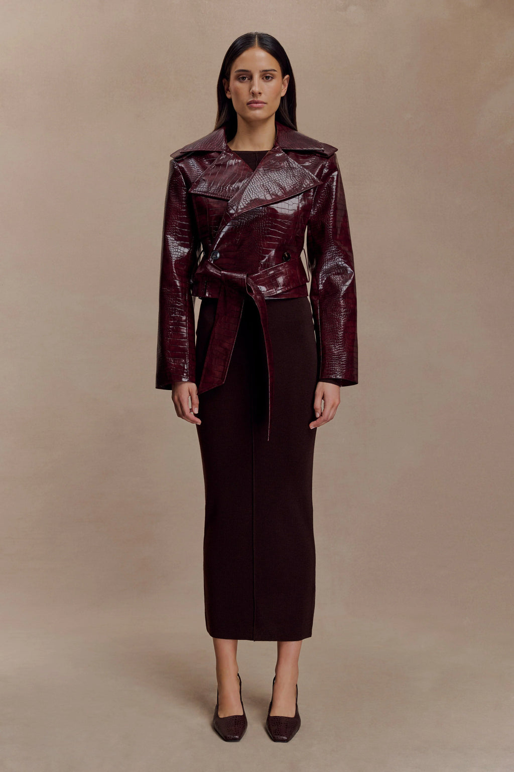 Archie Croc Faux Leather Cropped Jacket - Burgundy