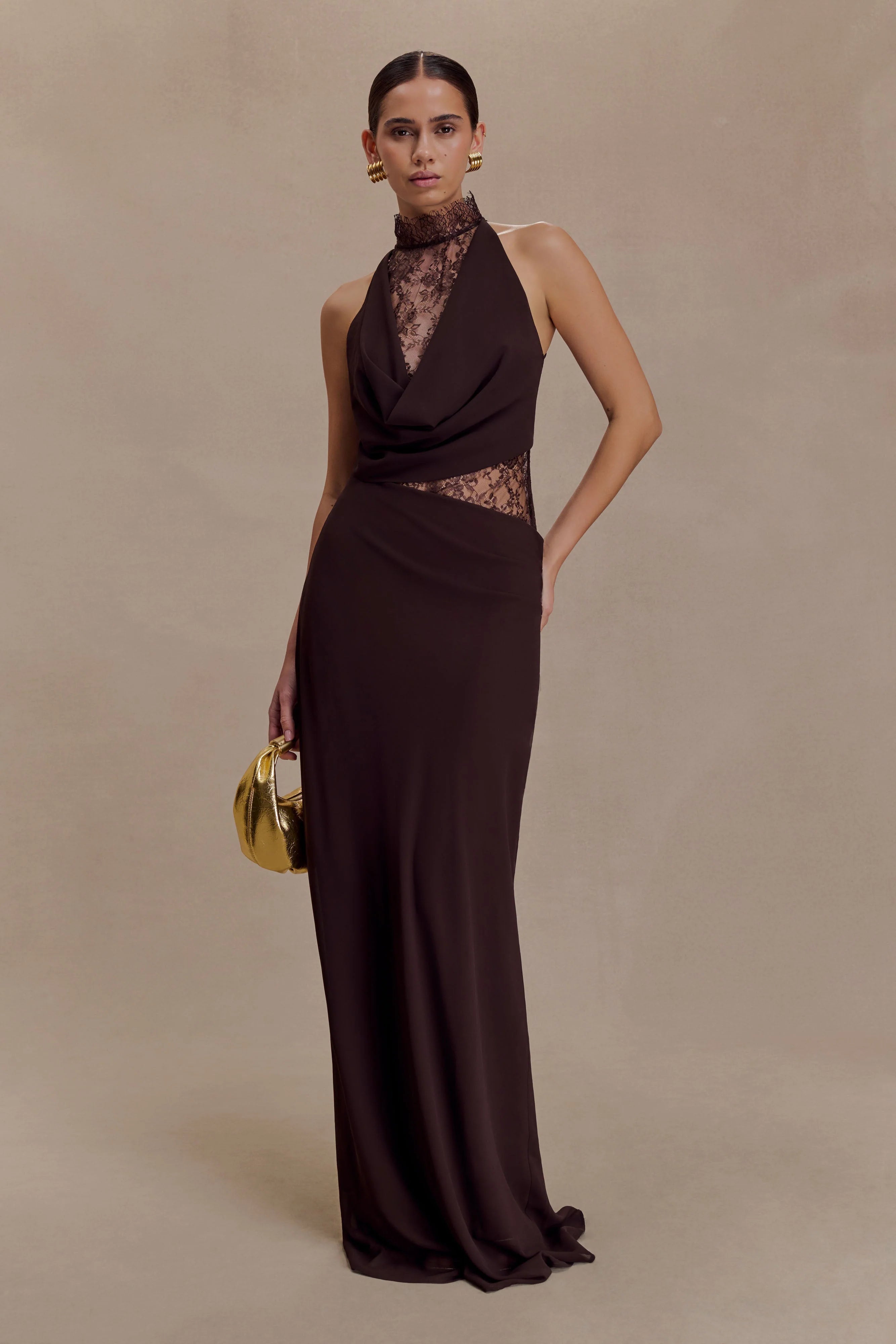 Arra Chiffon And Lace Halter Maxi Dress - Cacao Brown
