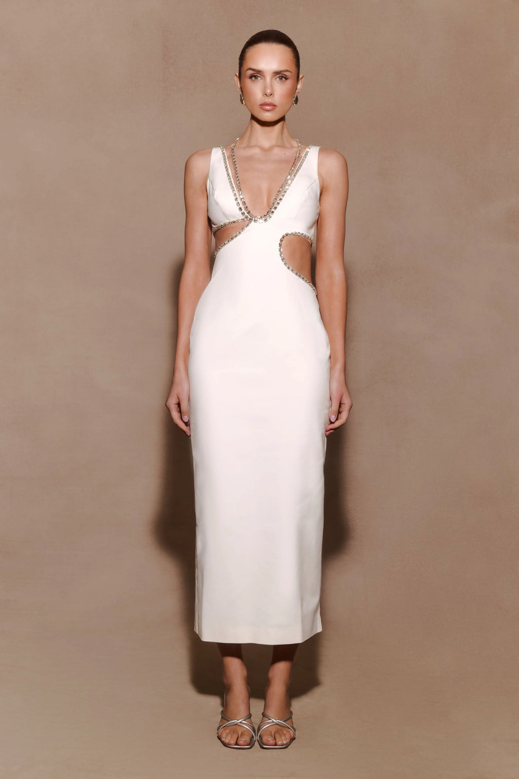 Henny Diamante Trim Cut Out Midi Dress - White