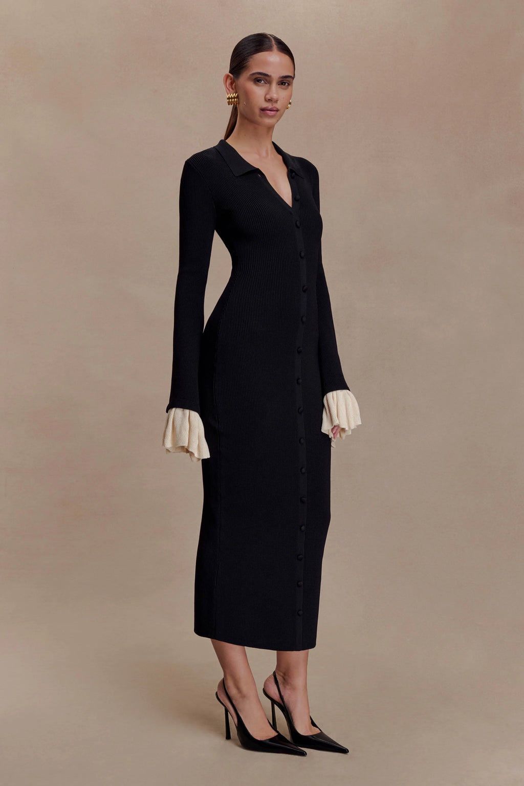 Amirose Ruffle Knit Midi Dress - Black