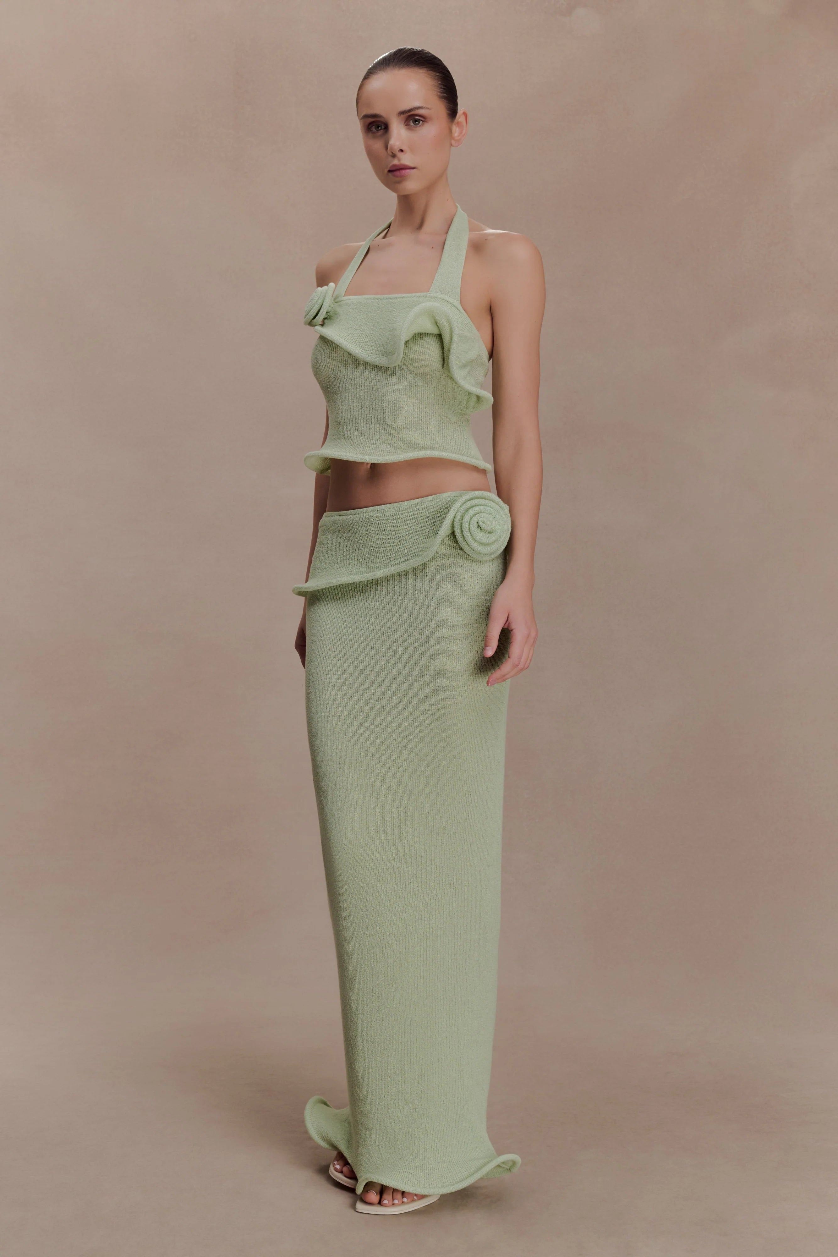 Samira Halter Knit Twist Top - Pastel Green