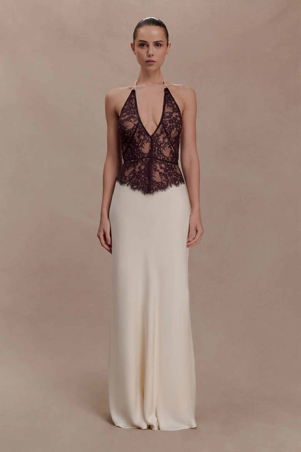 Sascha Lace And Satin Halter Maxi Dress - Ivory/Chocolate