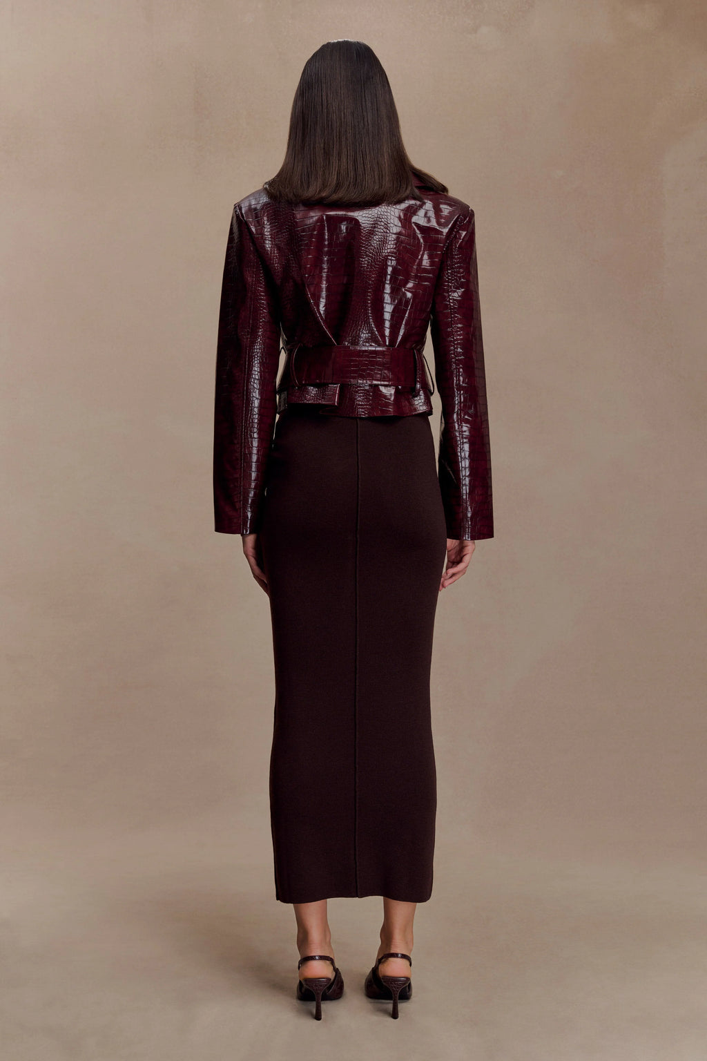Archie Croc Faux Leather Cropped Jacket - Burgundy