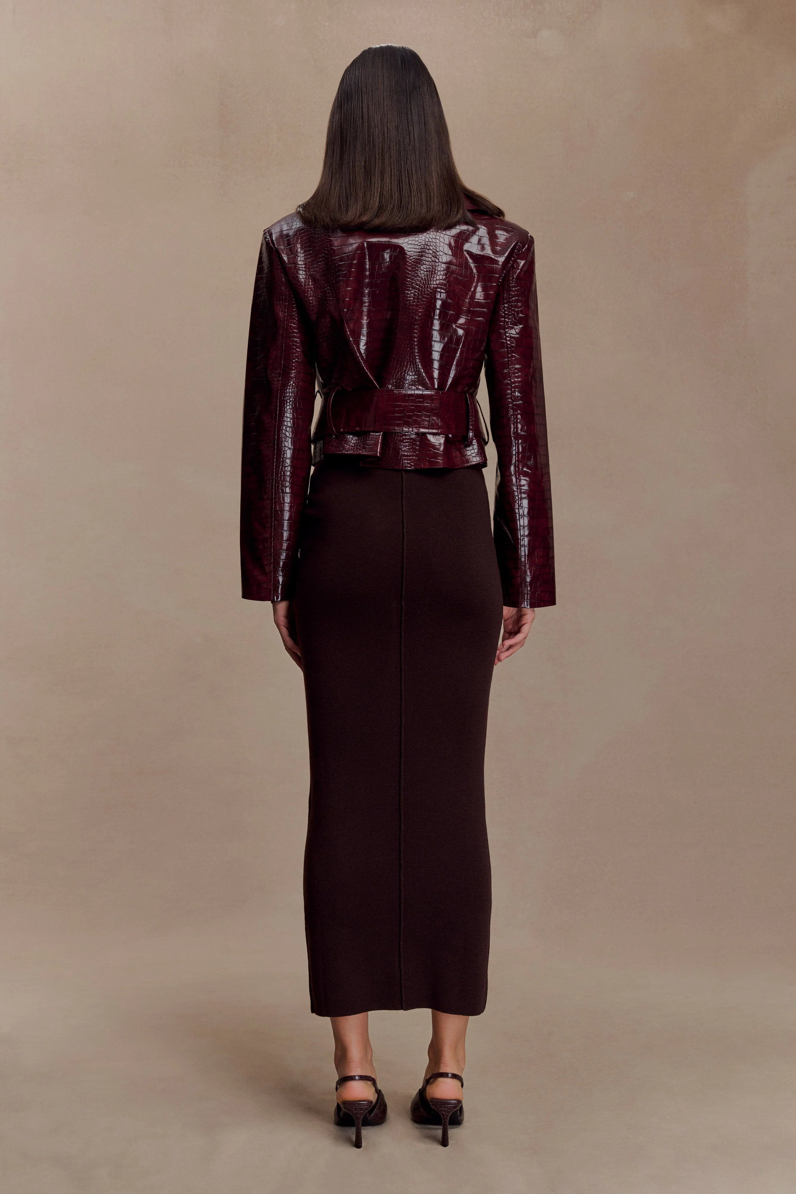 Archie Croc Faux Leather Cropped Jacket - Burgundy