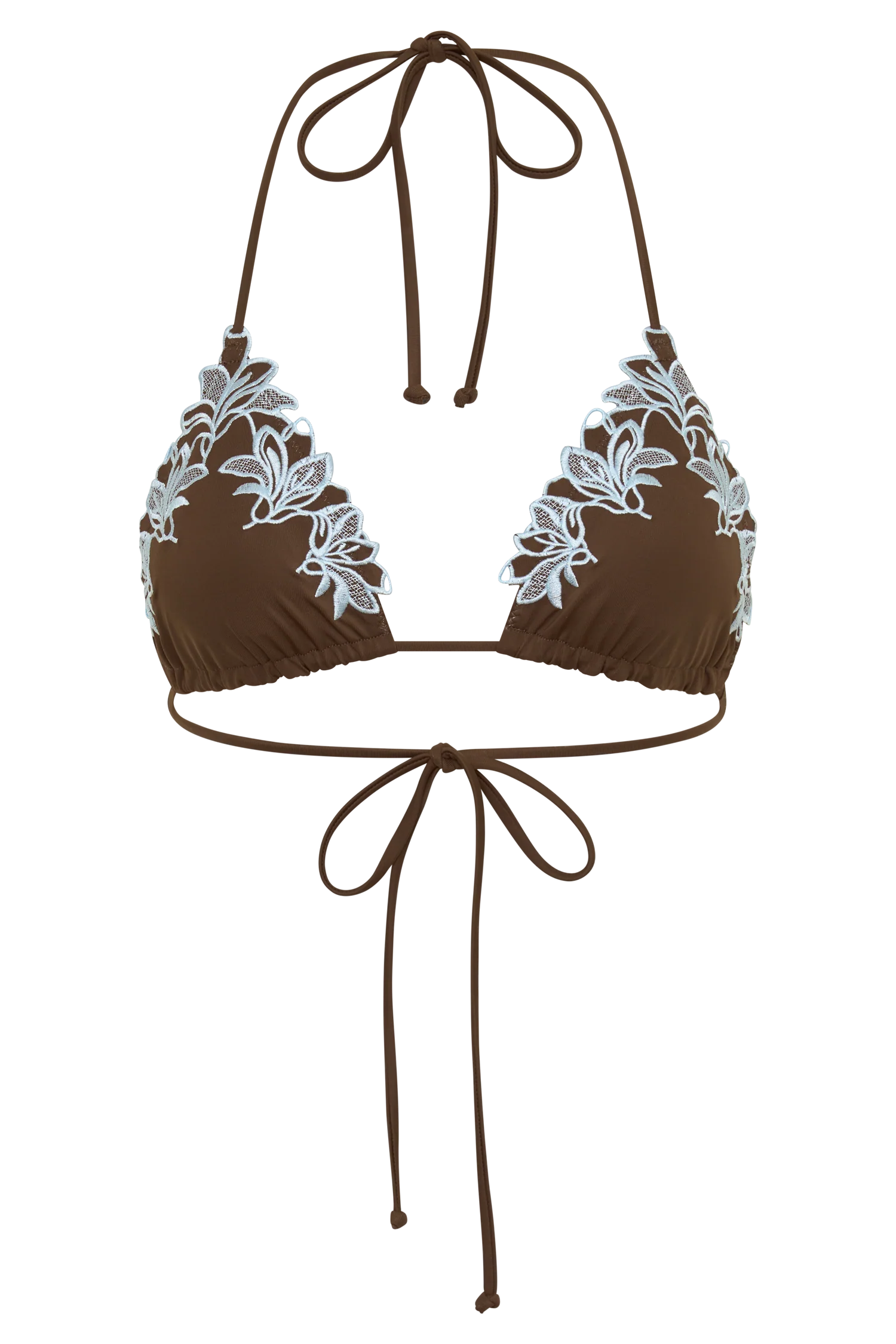 Bloom Embroidered Triangle Bikini Top - Chocolate With Pale Blue Embroidery
