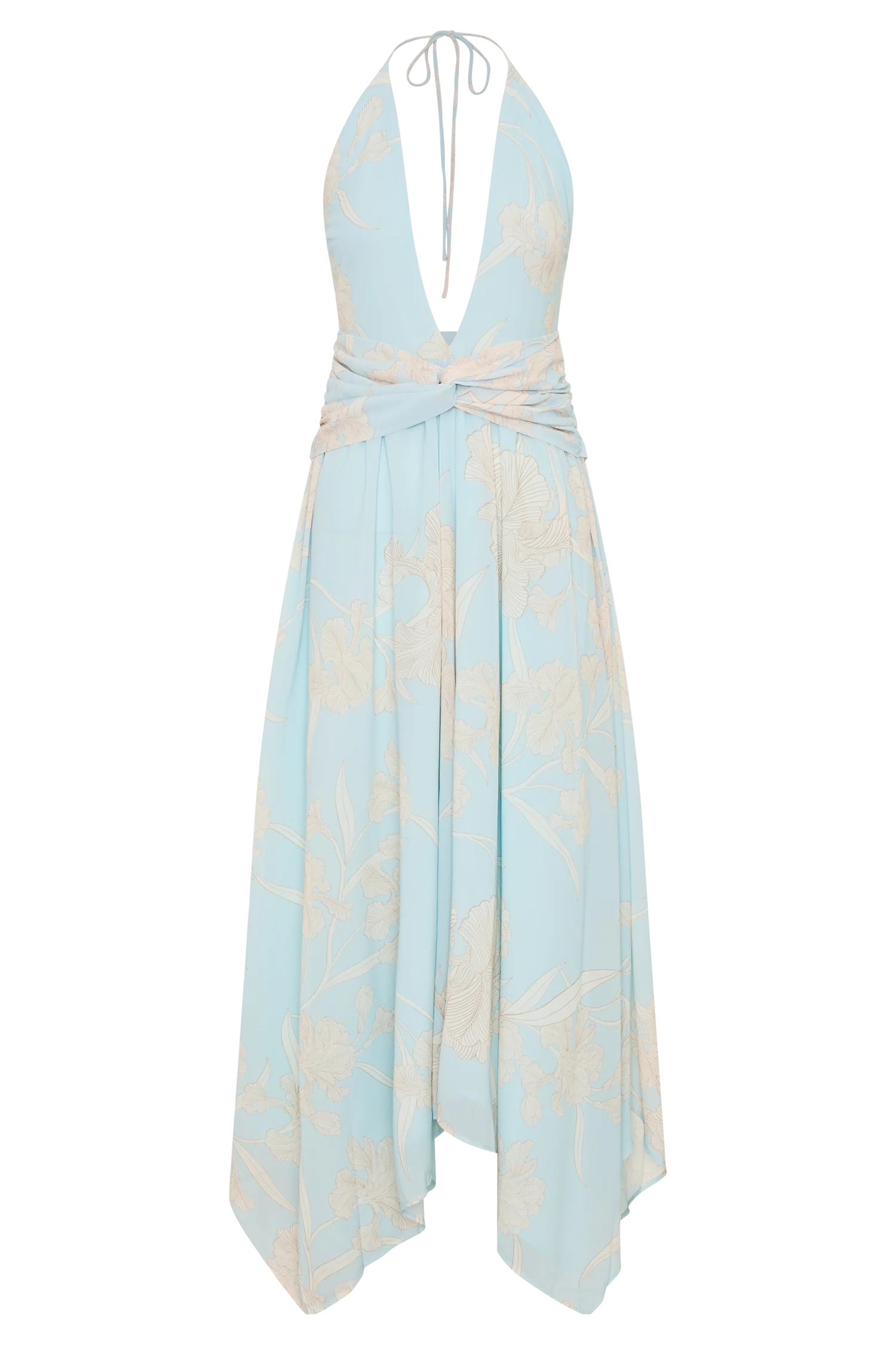 Cyra Plunge Chiffon Midi Dress - Blue Floral Print