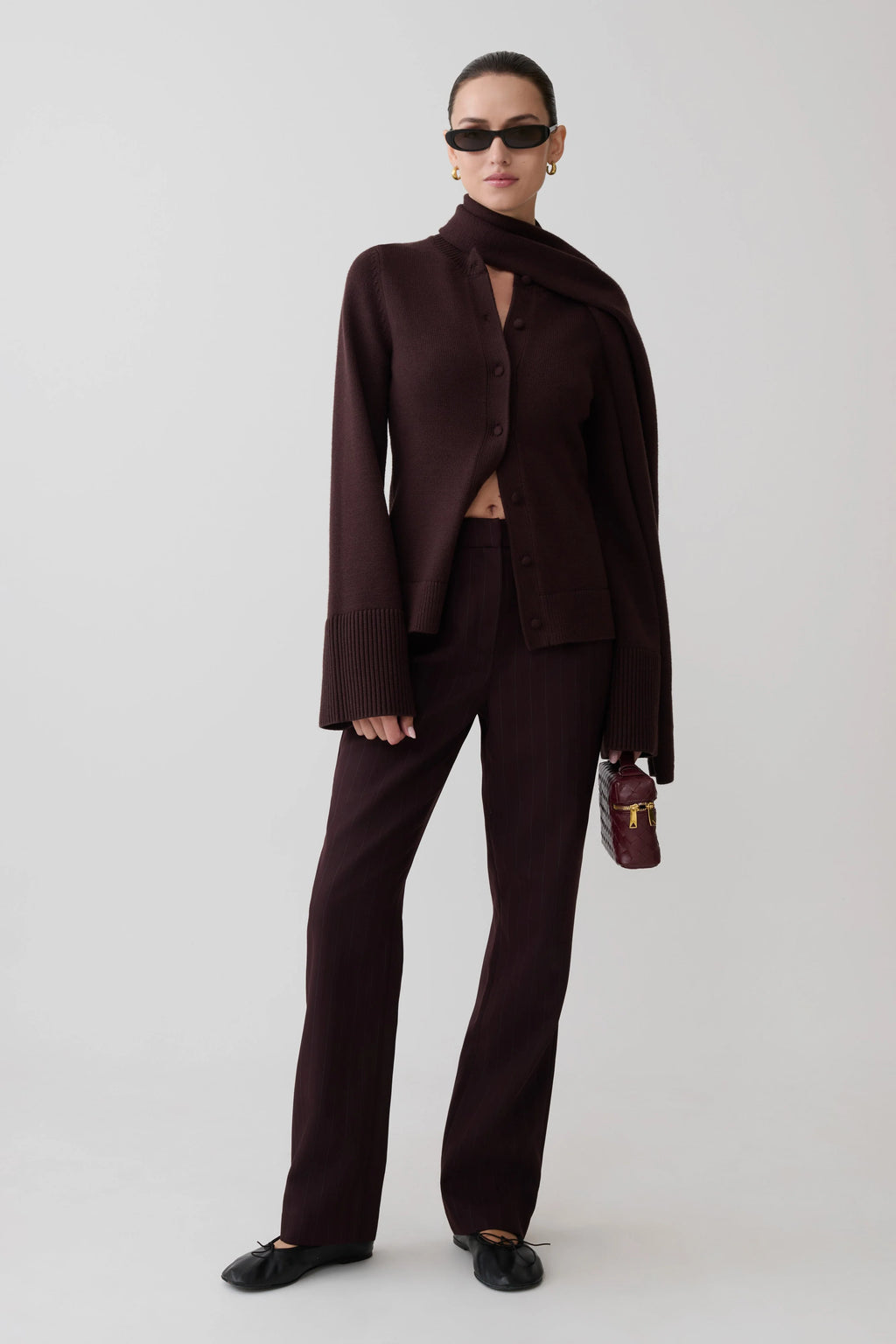 Lara Knit Cardigan With Scarf - Chocolate