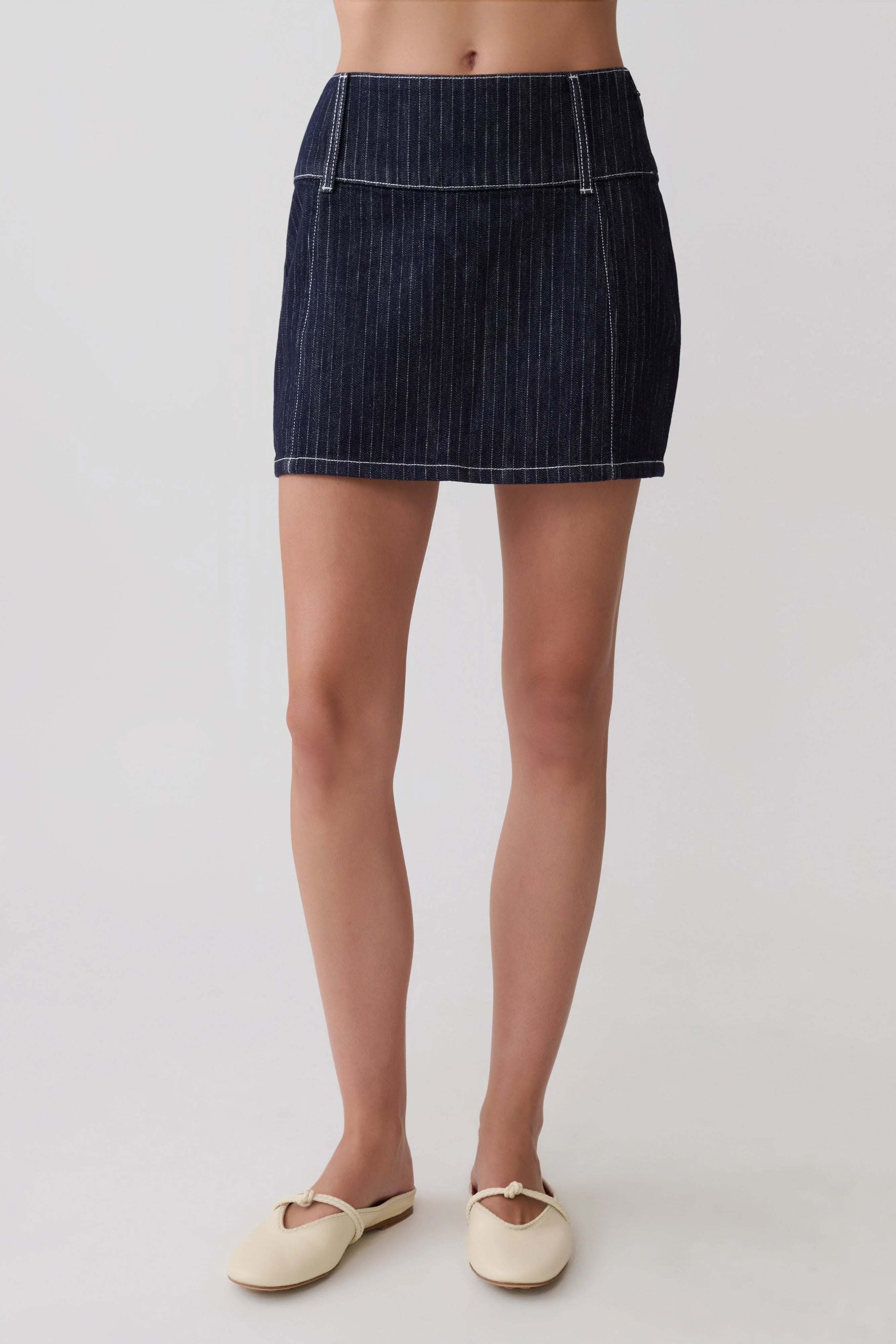 Loraine Mid Rise Denim Mini Skirt - Indigo Pinstripe