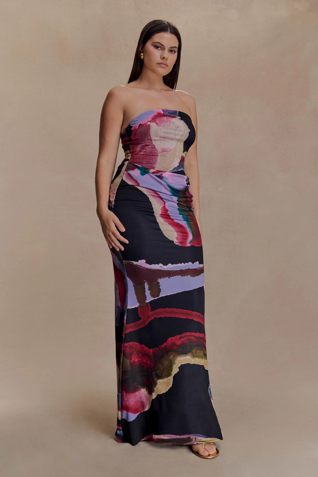 Madison Strapless Slinky Maxi Dress - Multi Fluid Reverie Print