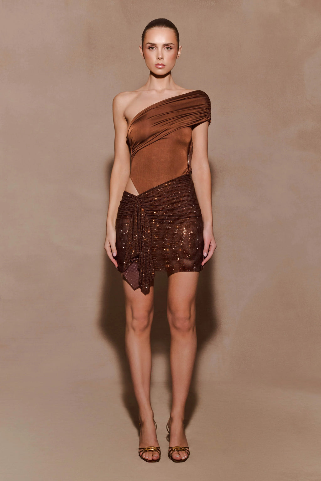 Paisley Slinky And Diamante Mini Dress - Chocolate