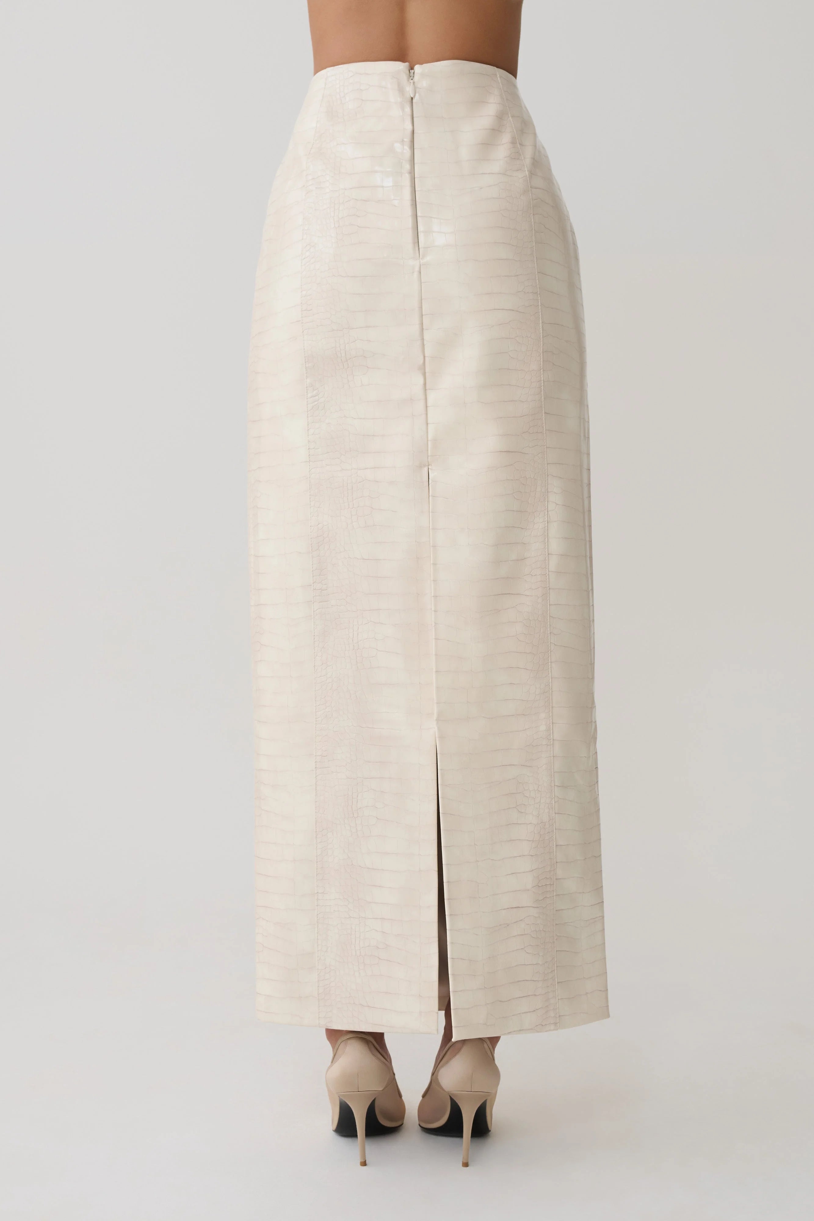 Thalia Croc Faux Leather Midi Skirt - Ivory