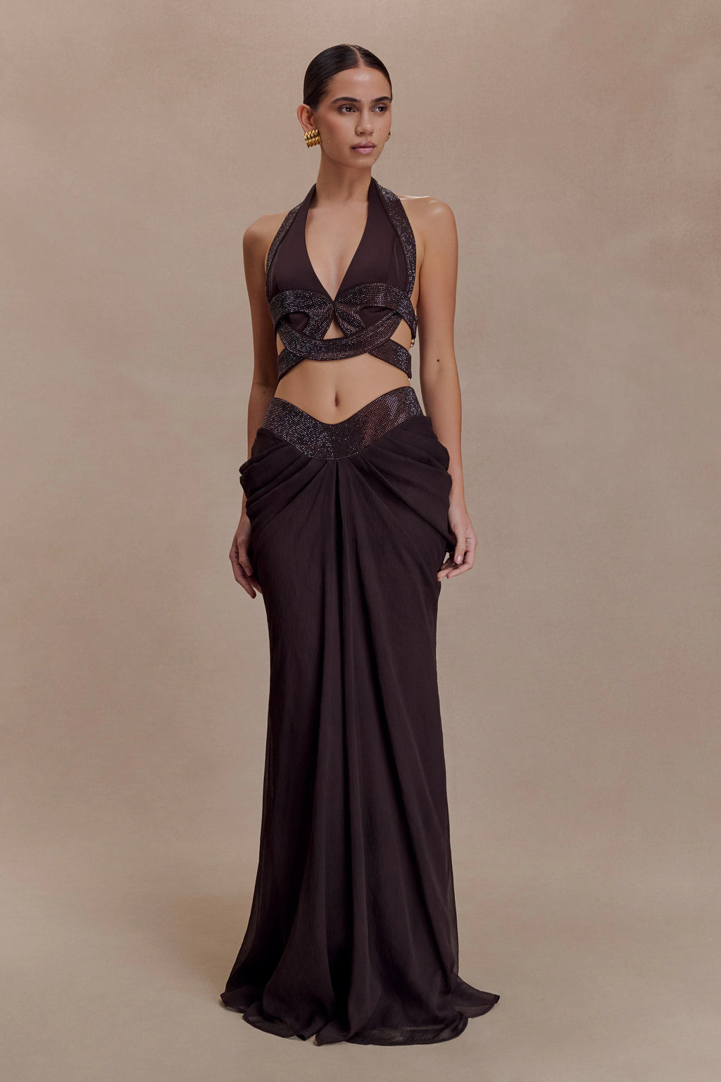 Siren Satin And Diamante Halter Top - Dark Chocolate