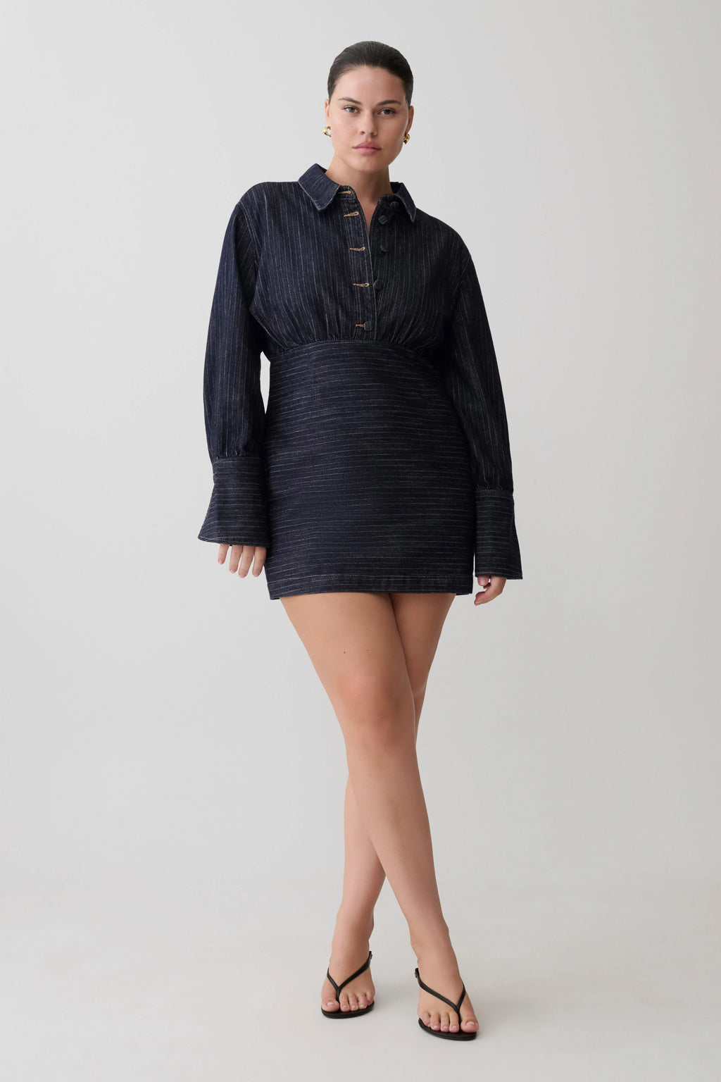 Zarah Denim Long Sleeve Mini Dress - Indigo Pinstripe