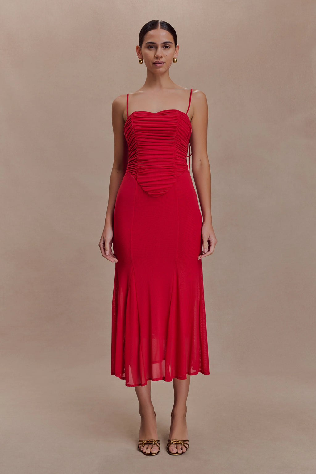 Willa Gathered Mesh Midi Dress - Ruby