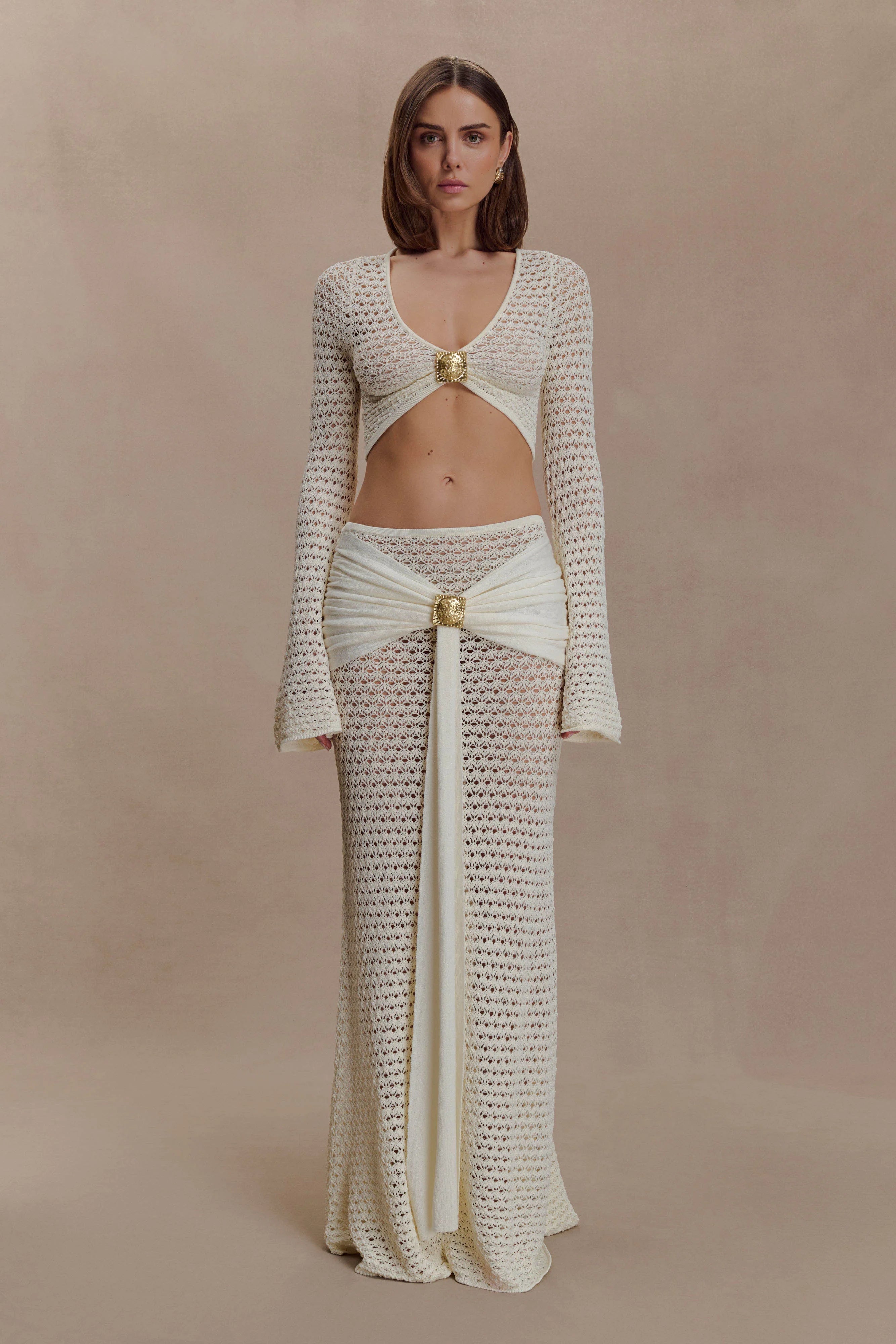 Mania Crochet Long Sleeve Cropped Top - Ivory