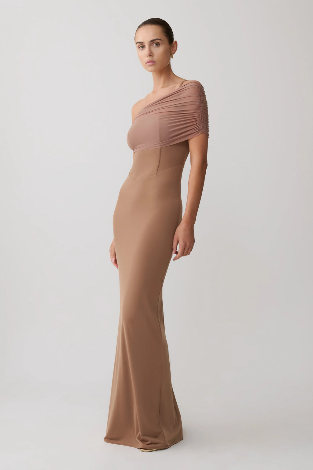 Hanh One Shoulder Mesh Maxi Dress - Tan