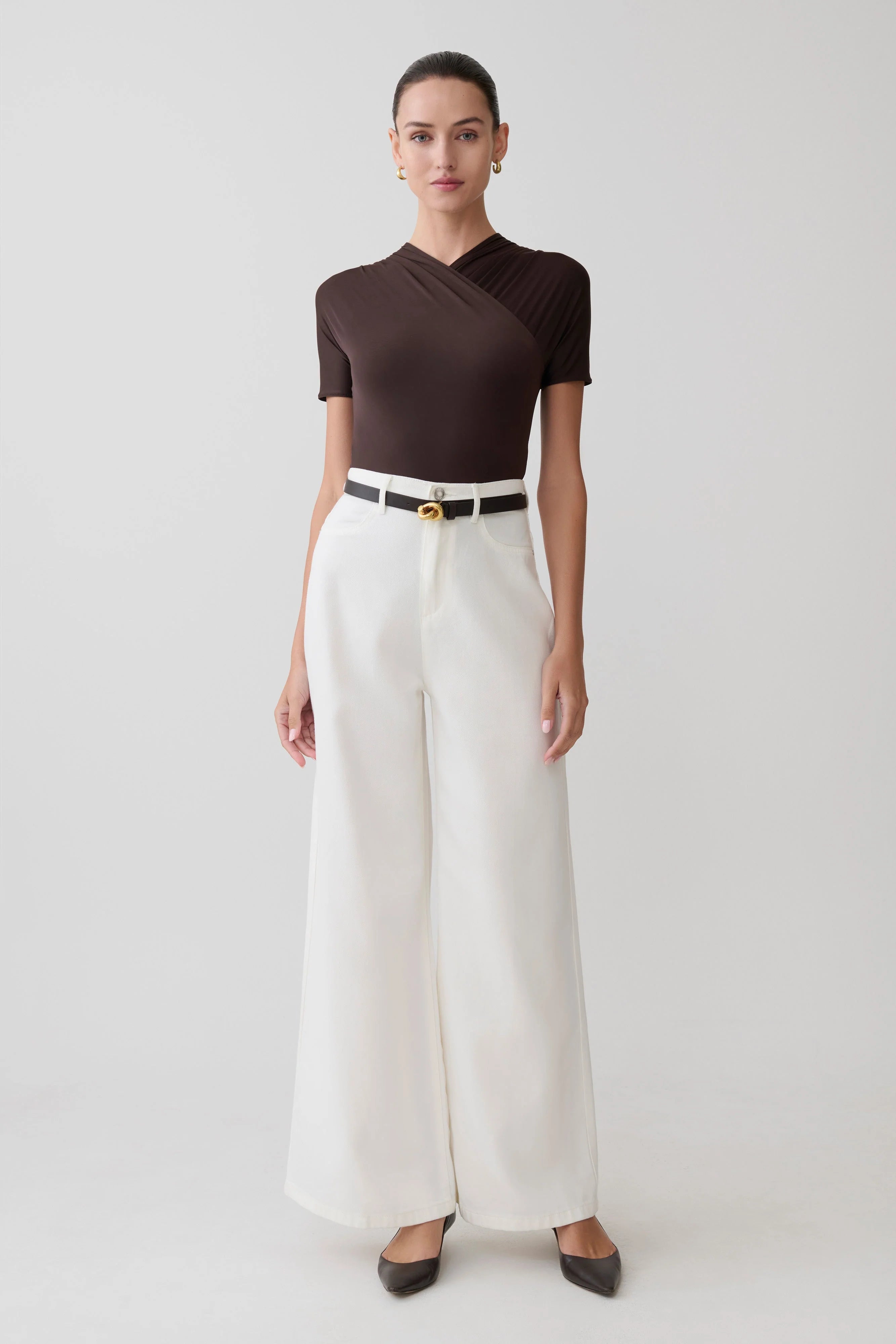 Junie Shortsleeve Cross-Over Bodysuit - Chocolate