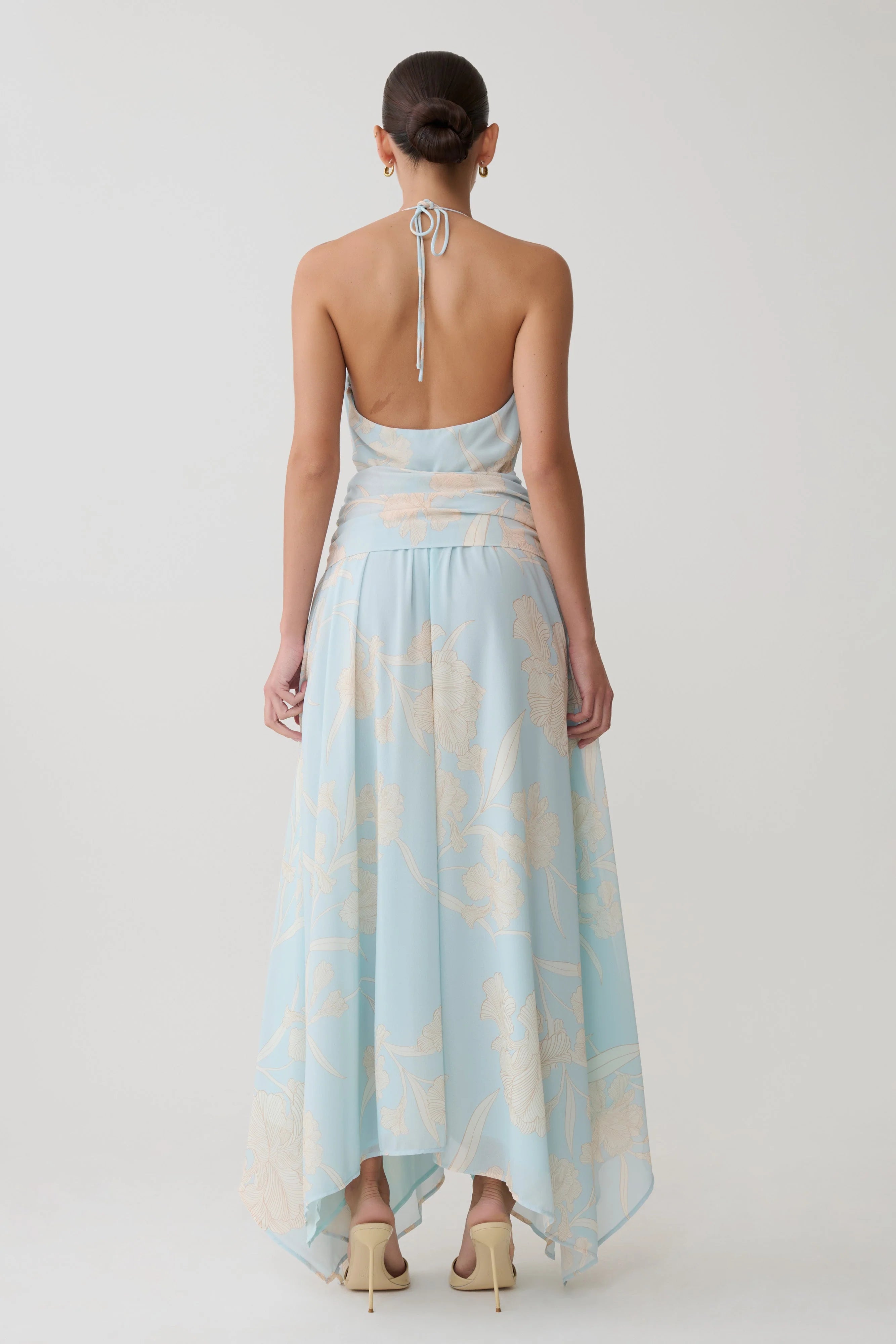 Cyra Plunge Chiffon Midi Dress - Blue Floral Print