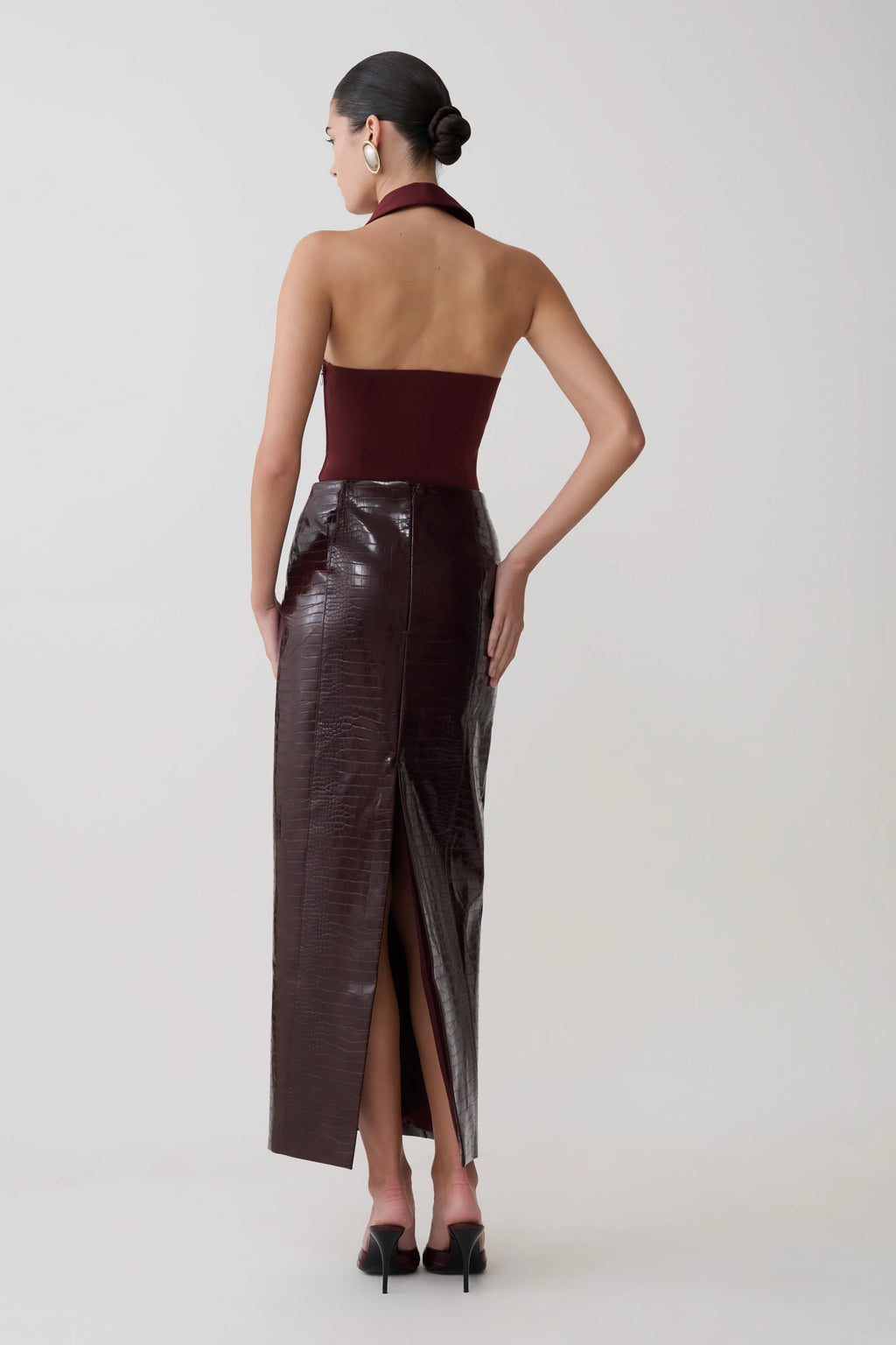 Thalia Croc Faux Leather Midi Skirt - Merlot