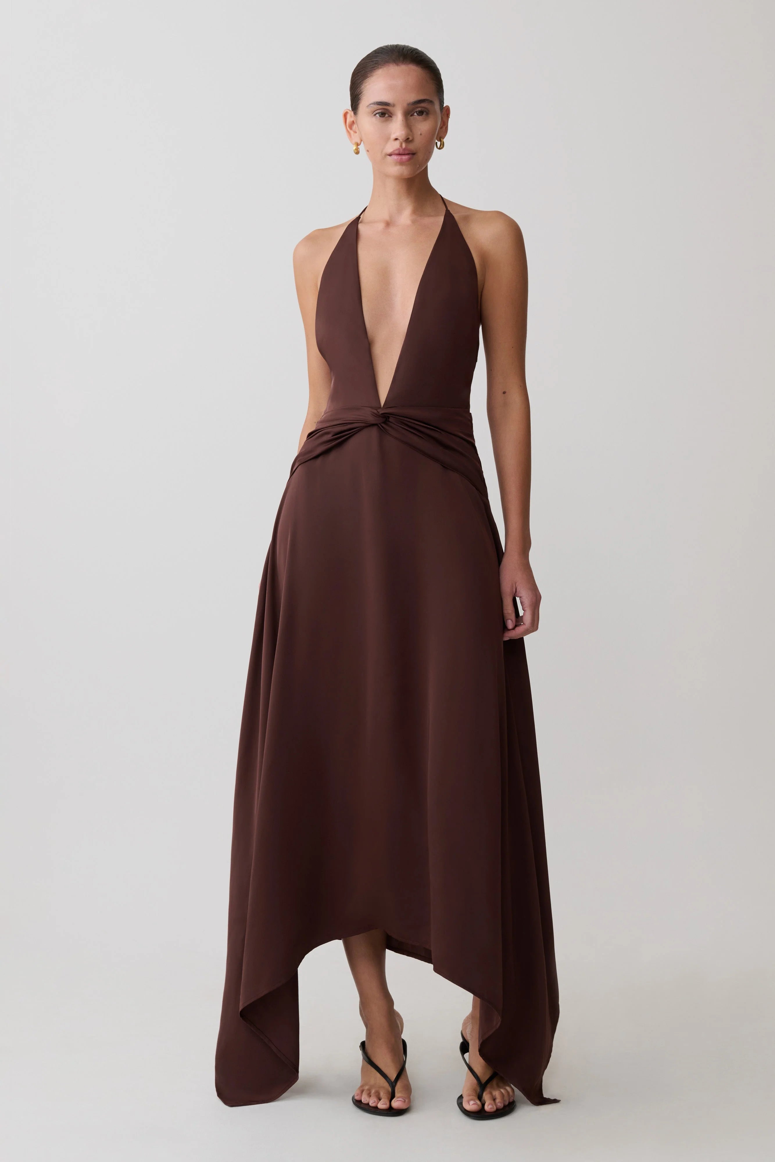 Cyra Plunge Satin Midi Dress - Dark Chocolate