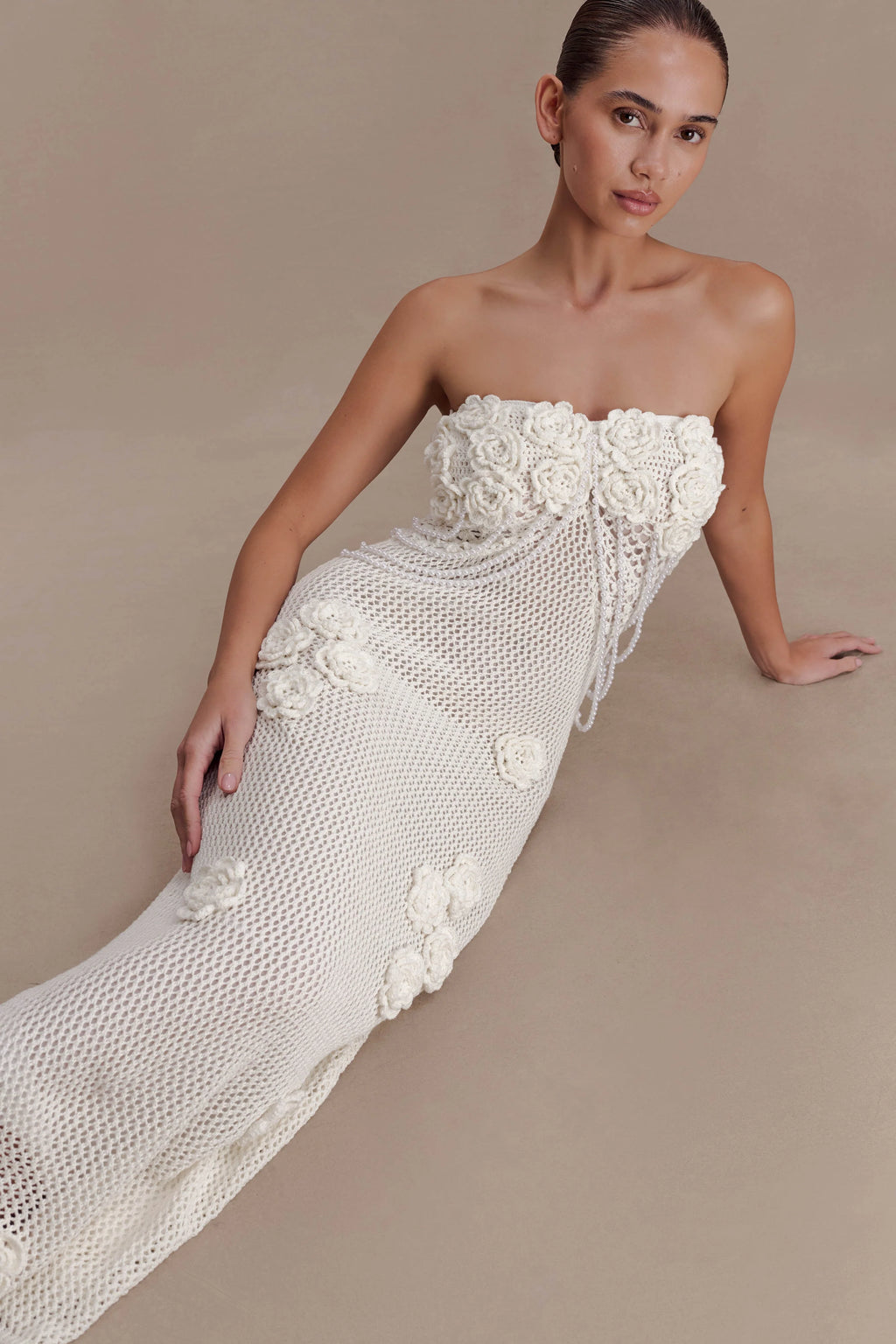 Samantha Crochet Midi Dress With Flowers - Ivory