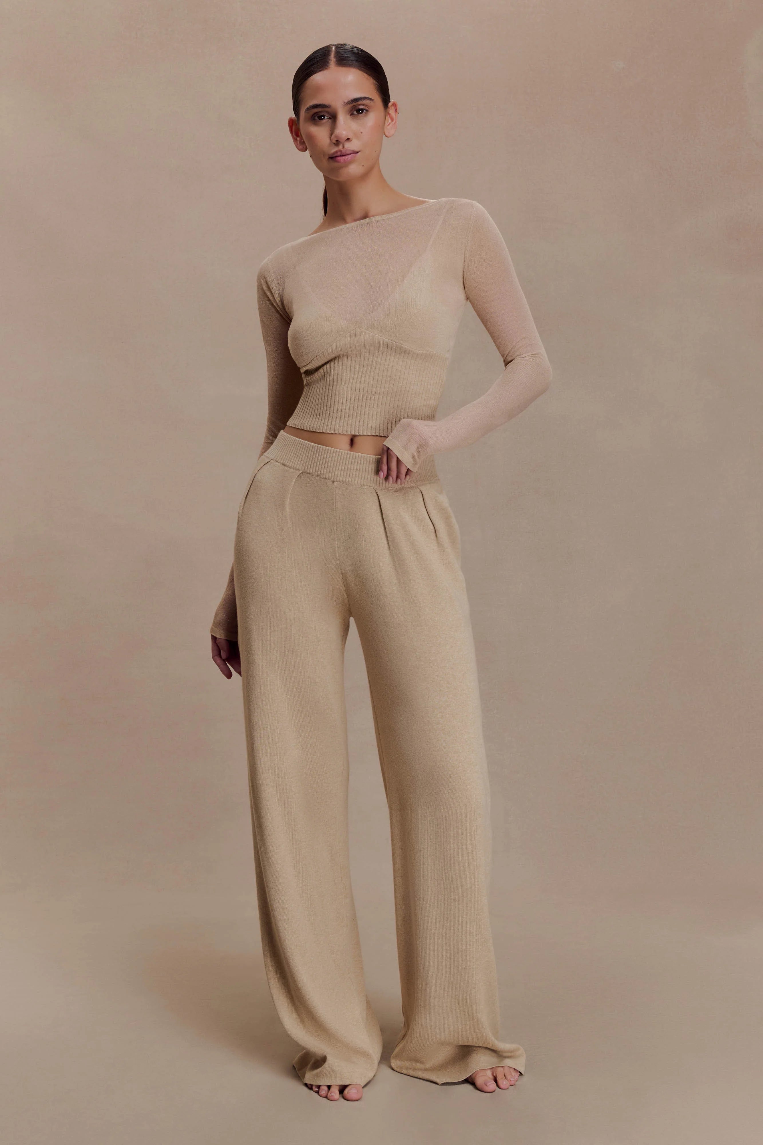 Frannie Gathered Silk Blend Knit Pants - Sand
