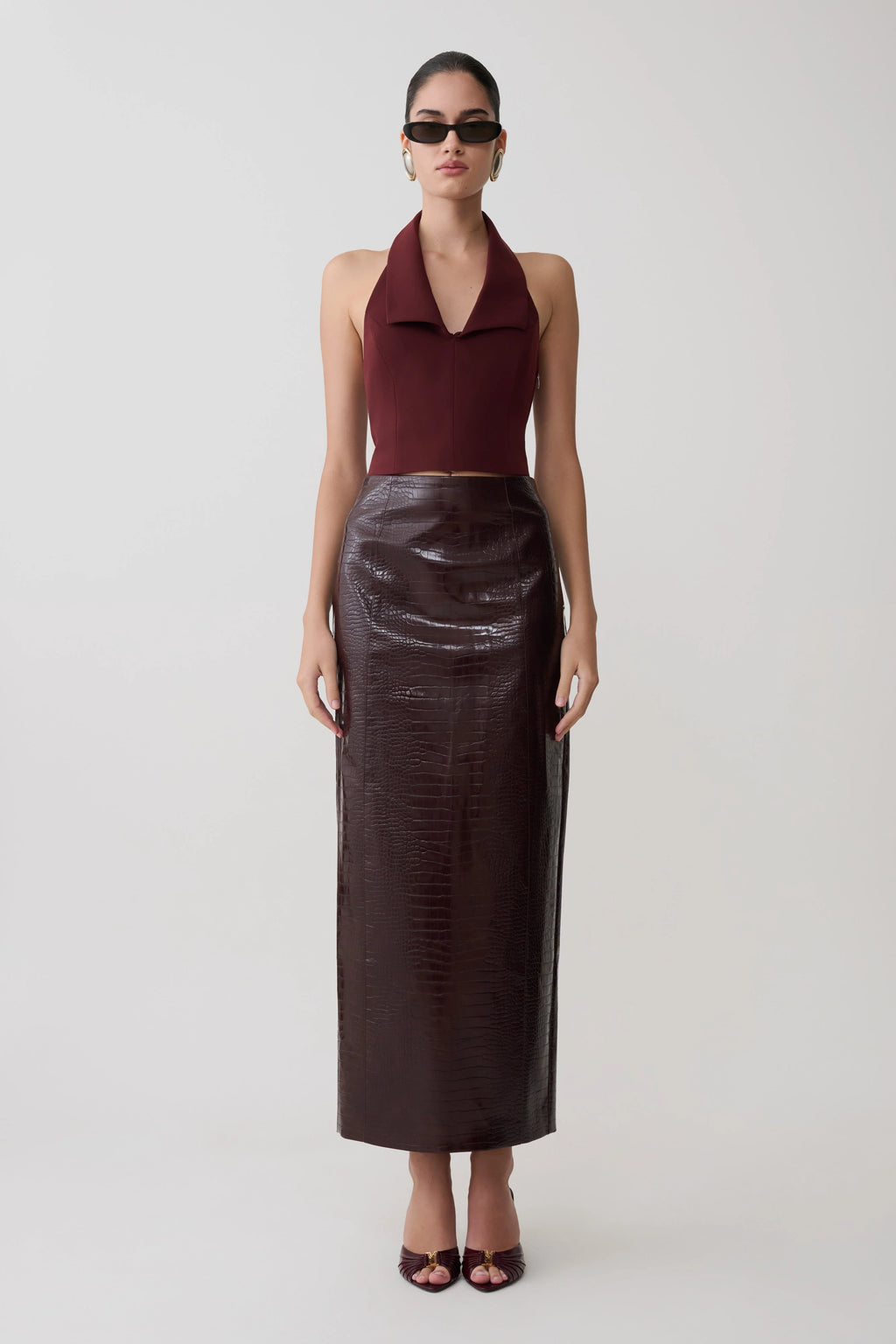 Thalia Croc Faux Leather Midi Skirt - Merlot