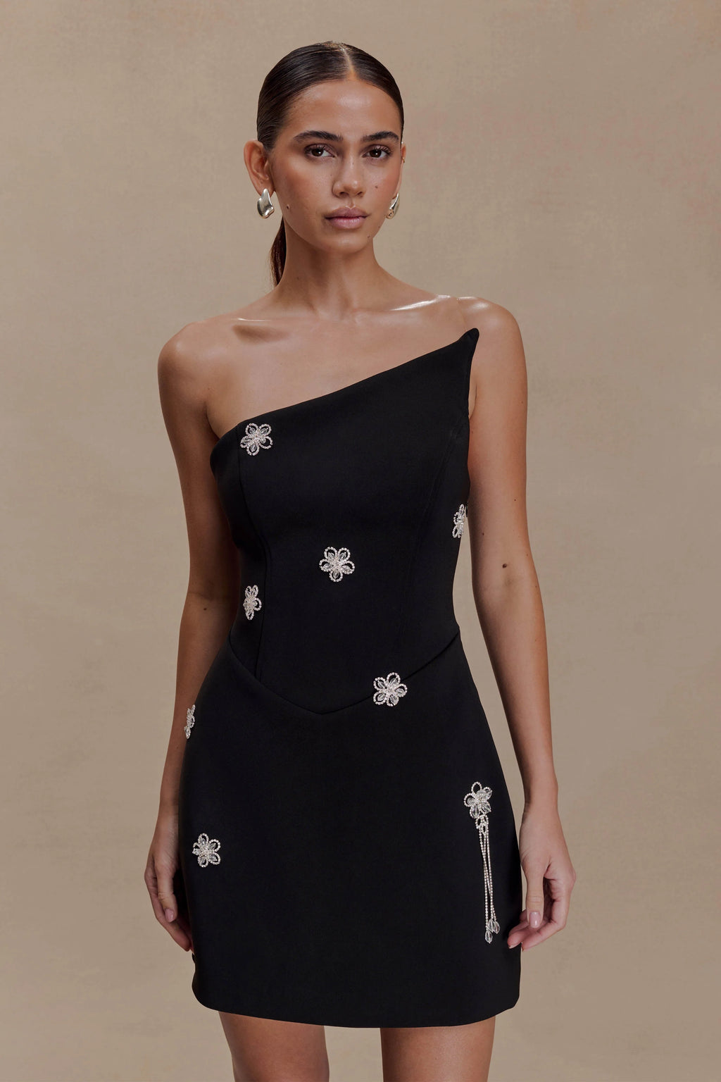 Liva Strapless Diamante Floral Trim Mini Dress - Black