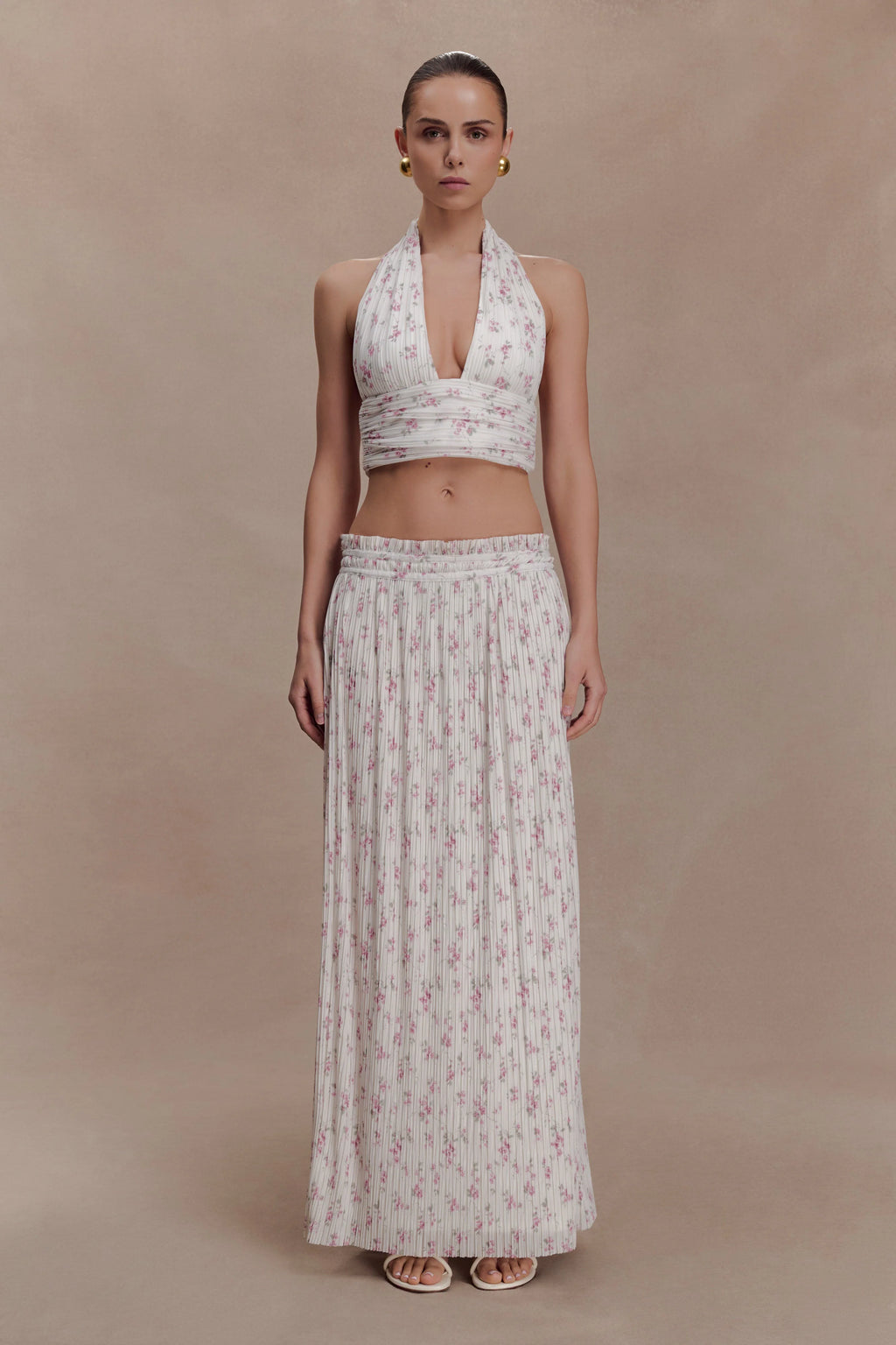 Amaris Sleeveless Plisse Halter Top - Floral Ditsy Print