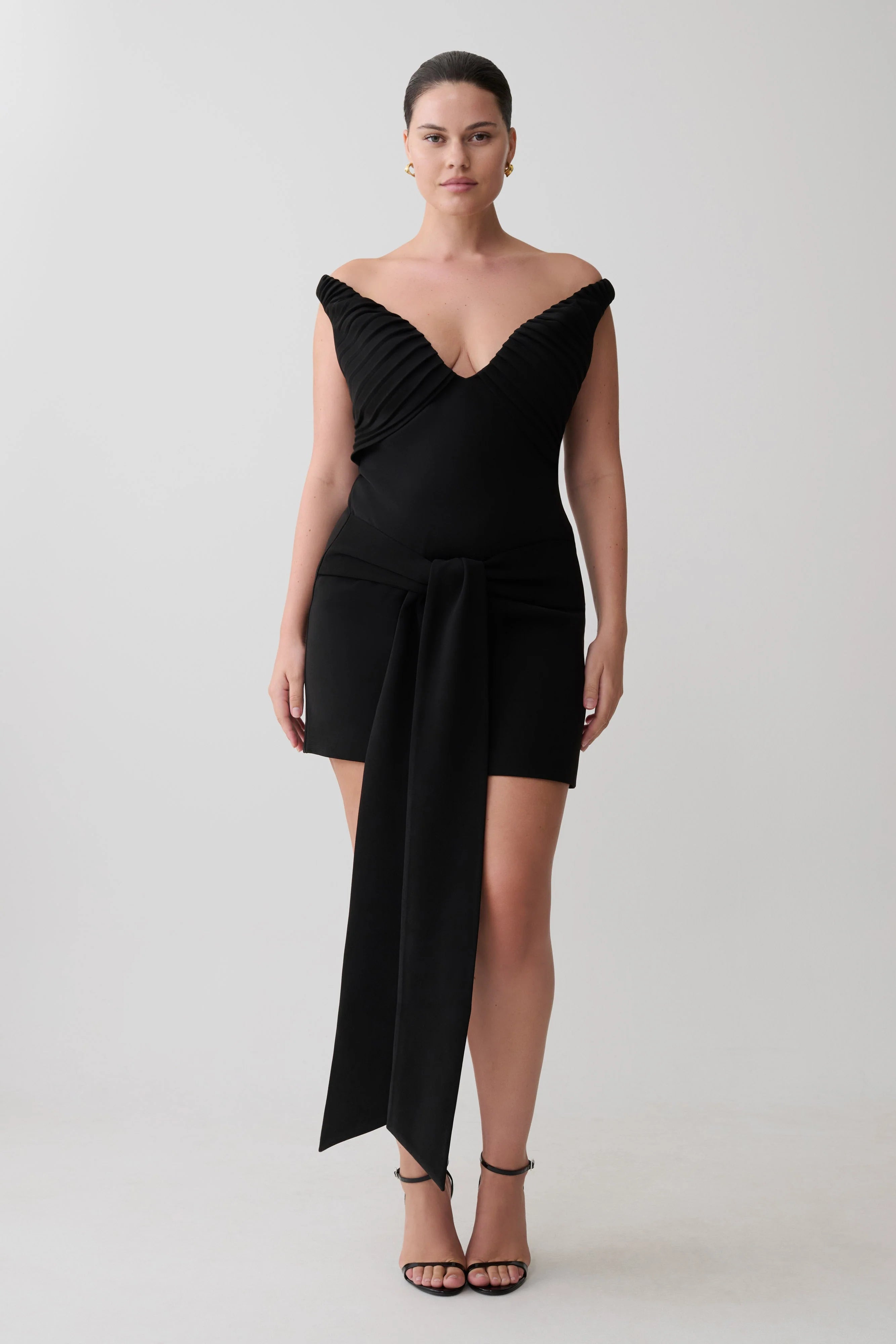 Runa Off Shoulder Mini Dress With Waist Tie - Black