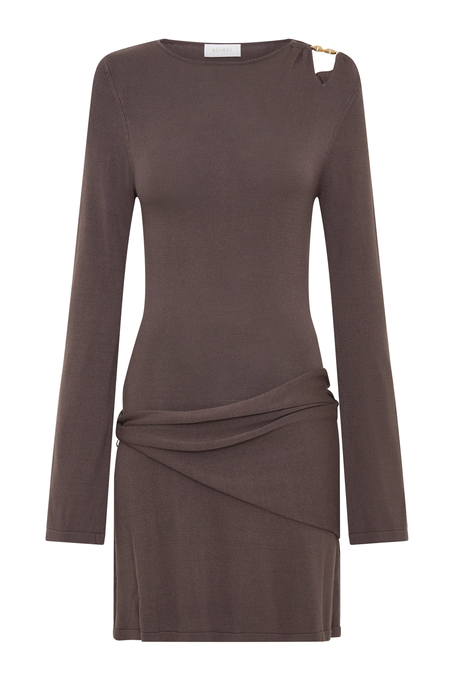 Cresida Knit Long Sleeve Mini Dress With Hardware - Peppercorn