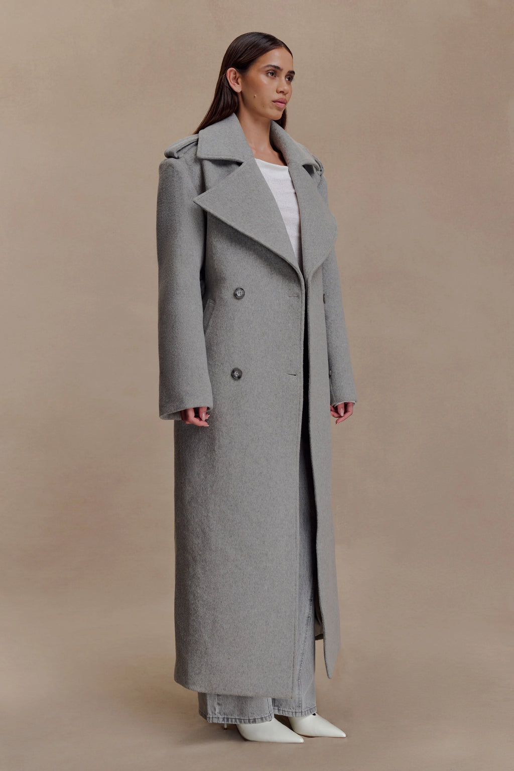 Levi Long Trench Wool Coat - Grey Marle