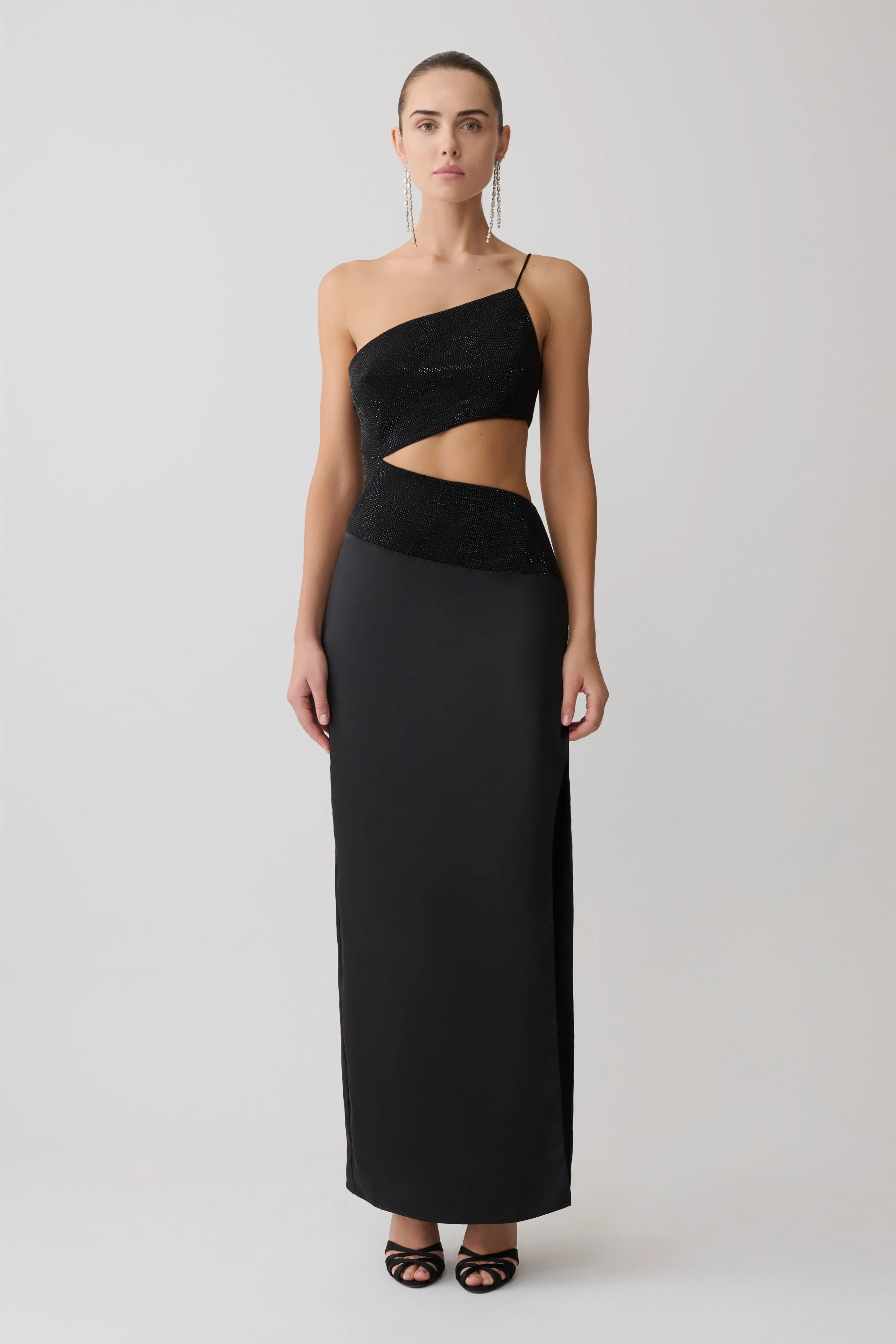 Athena One Shoulder Diamante Maxi Dress - Black