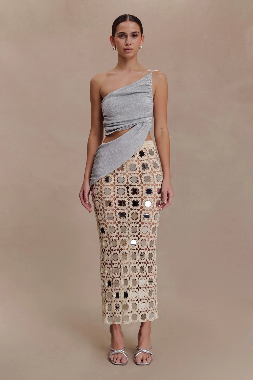 Noel Mirror Knit Midi Skirt - Beige