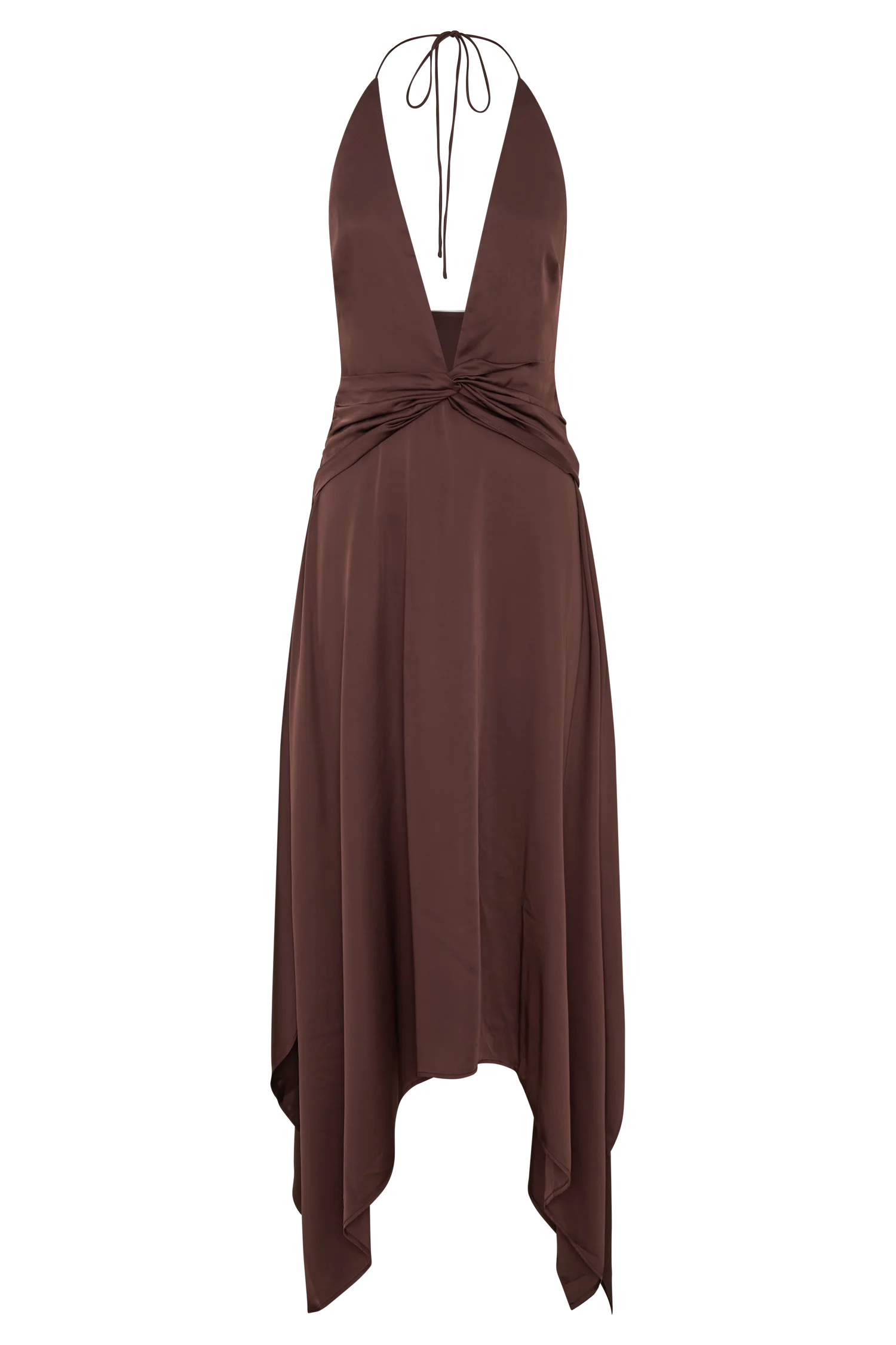 Cyra Plunge Satin Midi Dress - Dark Chocolate