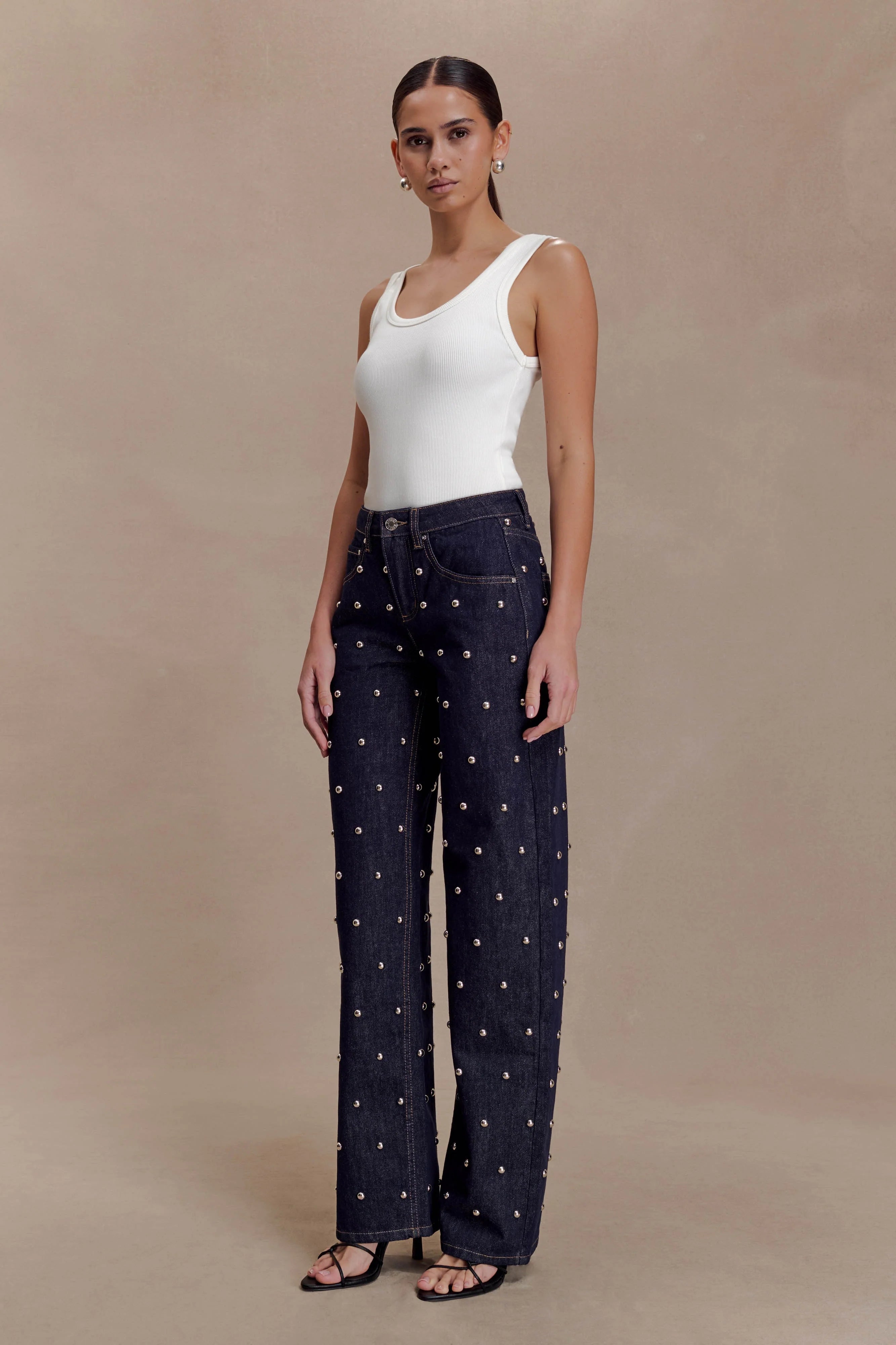 Alima Mid Rise Stud Denim Jeans - Washed Indigo Blue